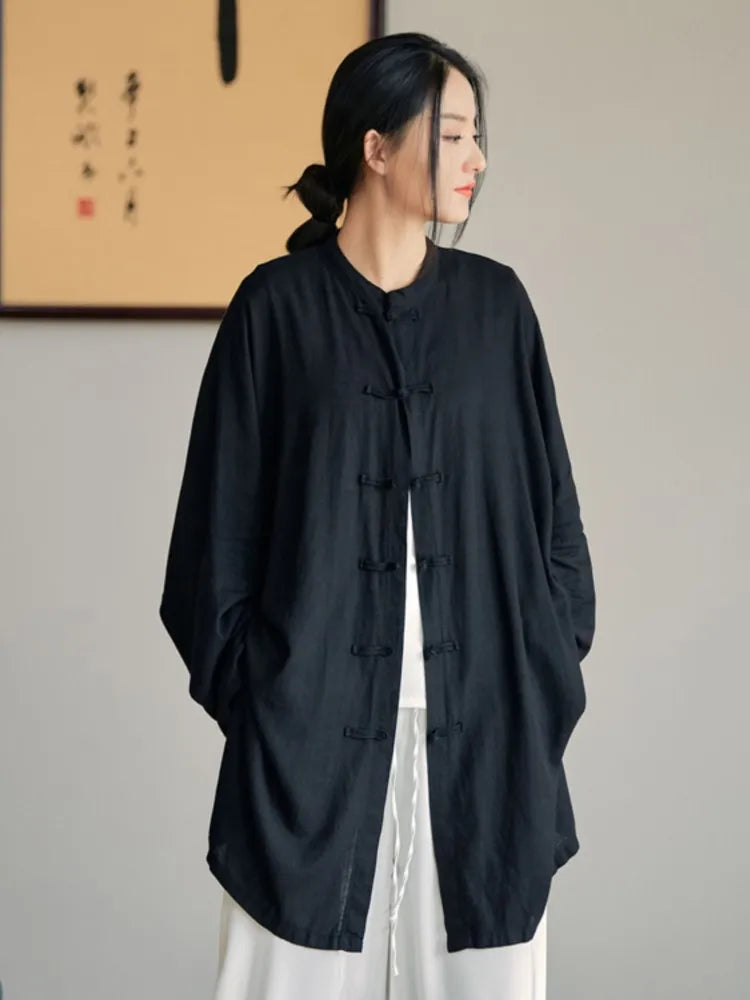 Long Linen Vintage Loose Shirt Chinese Style Tops Stand Long Sleeve Button