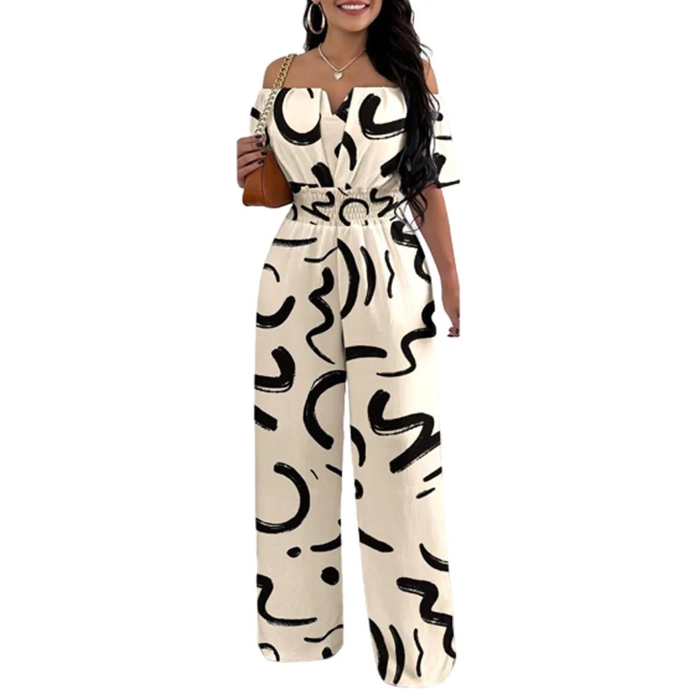 Jumpsuit Off Shoulder Casual Plain Short Sleeve Shirred Waist Daily Long Wide Leg