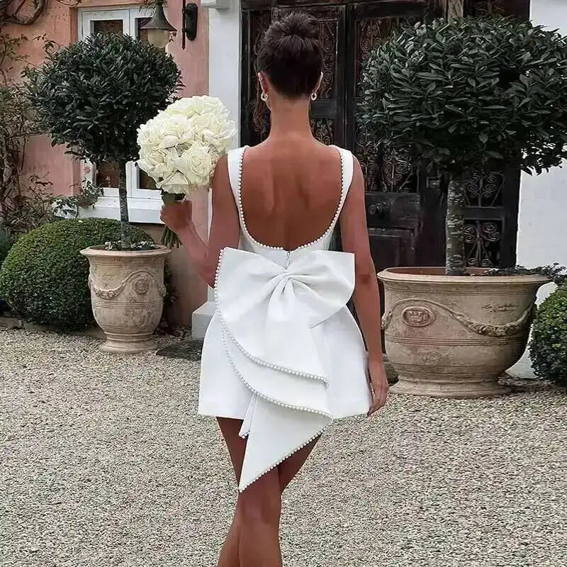 Bow Pearl Backless mini Party Dress Elegant Waist Wrap A-line Dresses