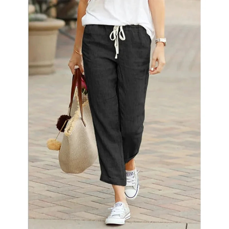 Cotton and Hemp Pant Solid Color Drawstring Elastic Waist
