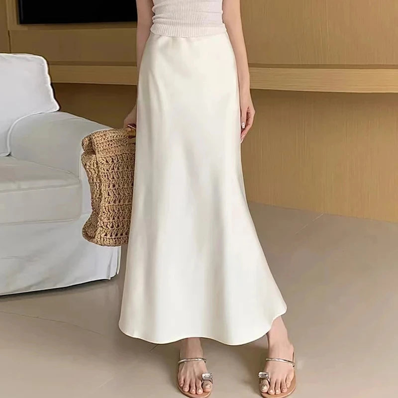 Midi Satin Long Skirt Draped High Waist