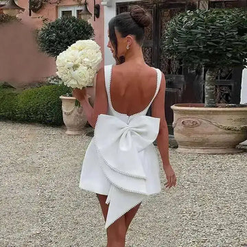 Bow Pearl Backless mini Party Dress Elegant Waist Wrap A-line Dresses