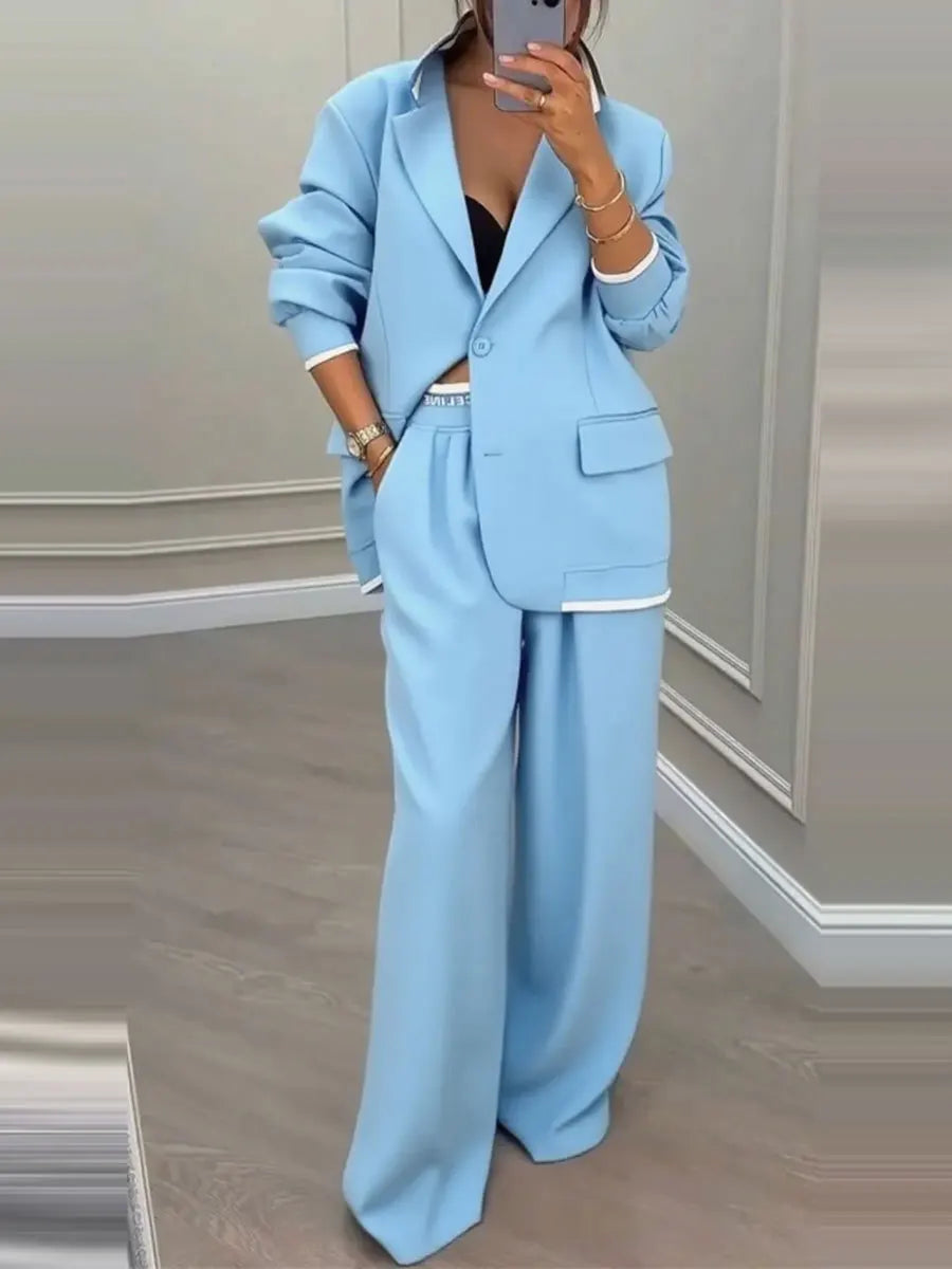 Long-sleeved Lapel Top Wide-leg Trousers Two-piece Set